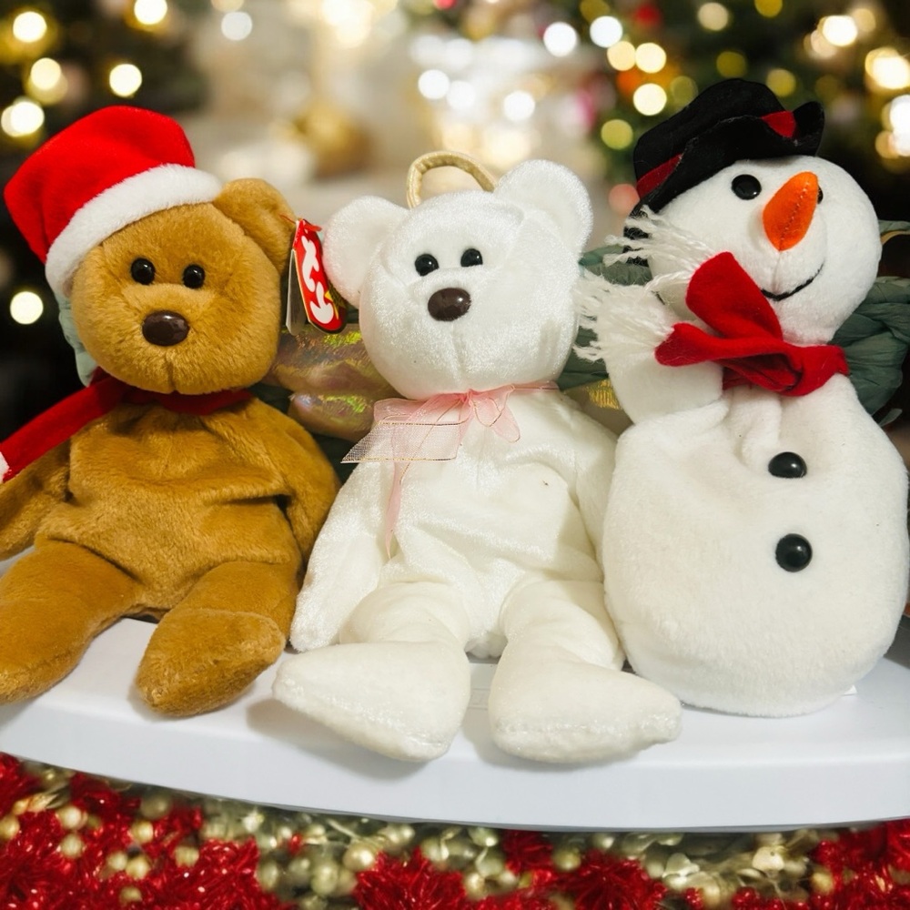 Ty Beanie Babies (3) Vintage Holiday Winter 1996-1998 Teddy Halo Snowball
